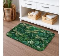 Dragonfly Green Bath Mat, Nature Inspired Absorbent Non Slip Shower Mat, Spring Floral Washable Rugs for Bathroom Toilet Restroom 20x32 Inch
