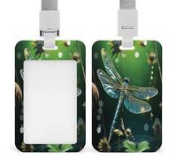 Dragonfly Green ID Badge Holder Waterproof Card Protector Push-Pull Slot Work ID Card Holder with Lanyard Personalized Detachable Card Holders for Office Corporate Use