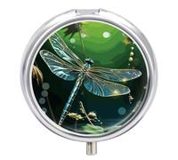 Dragonfly Green Pill Box 3 Compartment Small Pill Case with Mirror for Purse & Pocket Travel Medicine Organizer Daily Medication Container Portable Pillbox Metal Medicine Box Round Meds Case