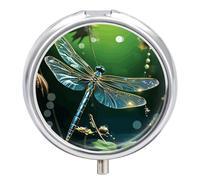 Dragonfly Green Pill Box Small Round Pill Case Portable Travel Pill Container Multi-Functional Moisture Proof Metal Medicine Pill Organizer Box for Vitamins Fish Oil