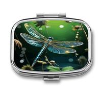 Dragonfly Green Pill Organizer with 2 Compartments Metal Square Pill Case Small Pill Box Portable Medicine Box Slim Travel Pill Container Medicine Organizer for Daily Use