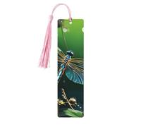 Dragonfly Green Wooden Bookmarks 5pcs with Pink Tassels Handmade Double-Sided Printed Book Marks Page Markers Book Accessories Gift for Book Lovers Women Men
