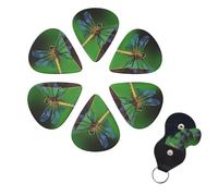 dragonfly Guitar Picks 6 Pack, 0.71mm Thickness Celluloid Bass Pick with Leather Guitar Pick Holder Keychain Abstract Art Pics Plectrum for Acoustic Electric Guitar, Ukulele, Bass