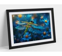 Dragonfly hovering above blue flowers Stunning Framed Wall Art Print Picture - A1 - Black Frame