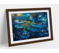Dragonfly hovering above blue flowers Stunning Framed Wall Art Print Picture - A2 - Walnut Frame