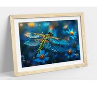 Dragonfly hovering above blue flowers Stunning Framed Wall Art Print Picture - A4 - Light Oak Frame