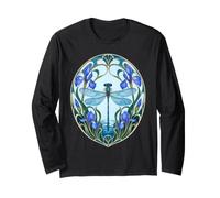 Dragonfly Iris Flower Art Nouveau Elegant Blue and Purple Long Sleeve T-Shirt