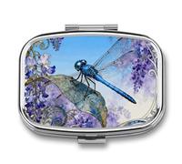 Dragonfly Jacaranda Leaf Pill Box 2 Compartments Portable Travel Pill Case Mini Medicine Organizer for Pocket Purse Metal Waterproof Medicine Container Holder Vitamin Fish Oil