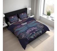Dragonfly King Szie Duvet Cover Sets - 3 Pcs Insect Lotus Moon Runes Bedding Set Reversible Soft Microfibre Quilt Covers & 2 Pillowcases with Zipper Closure LGS21sL