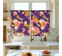 Dragonfly Kitchen Curtains, Floral Contemporary Flower Leaf Spring Violet Light Filtering Kitchen Curtains Window Decoration for Dining Room Breakfast Nook Sink Area 26x36 Inch