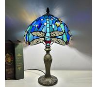 Dragonfly Lamp Stained Glass Table Lamp Bed Room Bedside Reading Desk Light for Living Office Dormitory Retro Cute Accent Decor Cottage 10 Inch Gift Nightstand Lamps,Sea Blue