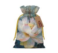 Dragonfly lotus Printed Christmas Drawstring Bags for Xmas Gift Wrapping, Yellow Christmas Ribbon, M