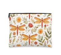 Dragonfly Makeup Bag, Floral Vintage Cosmetic Travel Pouch for Women, Portable Small Canvas Zipper Organizer, for Festivals and Skincare, White, 7x9 Inch, Dragonfly