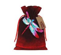 (Dragonfly On Red Background) Christmas Burlap Gift Bags, Eco-Friendly Polyester Drawstring Pouches For Holiday, Birthday & Party Gift Packaging S