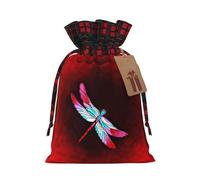 (Dragonfly On Red Background) Christmas Drawstring Gift Bags, Reusable Buffalo Plaid Drawstring Wrapping Bags For Xmas Party Supplies M