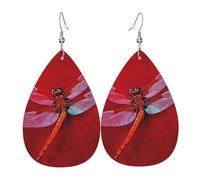 Dragonfly on Red Background Earrings for Women Faux Leather Earring Teardrop Dangle Earrings Lightweight Jewelry Gift