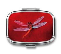 Dragonfly on Red Background Pill Box Medicine Pill Organizer Small Pill Case Travel Pill Container Portable Pill Case for Pocket 2 Compartment Pill Holder Pill Boxes for Travel