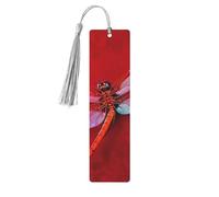 Dragonfly on Red Background Wooden Bookmark for Men Women, Handmade Wood Bookmark Craft with Tassel Pendant Unfinished Wood Tag Book Mark Gifts Bookmarks Hanging Labels for Book Lovers