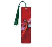 Dragonfly On Red Background Wooden Bookmarks 5 Pcs,Handmade Double-Sided Printed Book Marks Page Markers with Dark Green Tassels Book Accessories Gift for Book Lovers Women Men