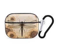 Dragonfly on Sunflower Airpod Pro Case AirPods 2 Case for Women Hard Shell Protective Cover with Carabiner Keychain Compatible with AirPods Case 2nd 1st Generation, Front LED Visible Black