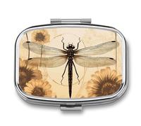 Dragonfly on Sunflower Pill Box 2 Compartment Small Pill Case for Purse Or Pocket Mini Metal Pillcase Medicine Organizer, Square Daily Medicine Container to Hold Vitamins, Fish Oil