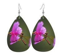 Dragonfly On The Flower Printed Dangle Leather Earrings, Reversible Statement Jewelry with Silver Plated Hooks