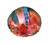 Dragonfly On The Flower Shower Caps for Women Reusable Waterproof Shower Bonnet Large Elastic Bath Caps Double Layers Bathing Hair Caps Designed for all Hair Lengths with PEVA Lining