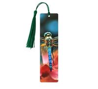 Dragonfly On The Flower Wooden Bookmarks 5 Pcs,Handmade Double-Sided Printed Book Marks Page Markers with Dark Green Tassels Book Accessories Gift for Book Lovers Women Men