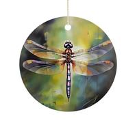 Dragonfly Painting Double-Sided Ceramic Christmas Ornaments - Round Hanging Mini Xmas Tree Decorations, Ideas for Farmers, Rustic Home Decor for Indoor Outdoor Tree Decor
