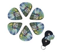 Dragonfly painting Guitar Picks 6 Pack, 0.96mm Thickness Celluloid Bass Pick with Leather Guitar Pick Holder Keychain Abstract Art Pics Plectrum for Acoustic Electric Guitar, Ukulele, Bass