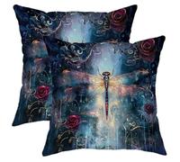 Dragonfly Pattern Pillow Covers Set of 2, Dark Blue Floral Decorative Throw Pillows Case, Vibrant Bohemian Home Decor for Sofa Bed Couch 20x20 Inch