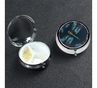 Dragonfly Pill Box 3 Compartment Waterproof Pill Container with Mirror Metal Medicine Box Organizer Portable Vitamin Case for Pocket & Purse Travel - Round