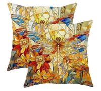 Dragonfly Pillow Covers Set of 2, Stained Glass Style Yellow and Orange Floral Cushion Cases, Seasonal Decorative Throw Pillows for Home Sofa Bed Couch 18x18 Inch