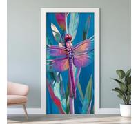 Dragonfly Plant Leaf Door Mural, Animal Botanical Murals Stickers 90x200 cm, Exotic Colorful Insect 3D Door Stickers Vinyl Self-Adhesive Peel and Stick Bedroom Living Room Door Decoration L4j143