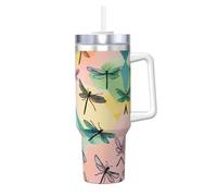 Dragonfly Print 40oz with Straw and Lid, Stainless Steel Double Wall Vacuum Insulated Coffee Mug for Hot and Cold Coffee, Travel Mug with Handle