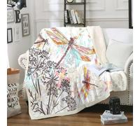 Dragonfly Print Soft Cozy Sherpa Fleece Blanket for Adult Girl - Flowers Fluffy White Throw - 130x180 cm Animals Thick Warm Blankets for Winter, Autumn, Bed, Sofa A417