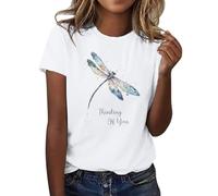 Dragonfly Print Tee Shirt Solid Colour Sweatshirts for Women UK Loose Short Sleeve Tops Stretch Sports T Shirts Round Neck Summer Pullover Ladies T-Shirt Tunic Tops Women's Blouses & Shirts