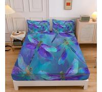 Dragonfly Printed Fitted Sheets for King Size Bed, Soft Brushed Microfiber Abstract Animal Fitted Bed Sheets, Hypoallergenic Bedding with Extra Deep Pocket 30 cm Purple
