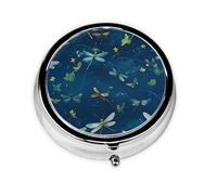 Dragonfly Round Pill Box - Full Print Design, Metal Electroplated Compact Medicine Case for Travel, Fits Pockets & Wallets