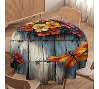 Dragonfly Round Tablecloth 70 Inch Washable Floral Table Cover for Kitchen Dining Party & Holiday Decor Vibrant Flower Plants Design