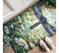 Dragonfly Runner Rug, Nature Fanciful Daisies Wildflowers Spring Green Low Pile Sponge Doormat Rectangle Print Accents Rug for Kitchen Entryway Bathroom Doorway Decor 2x3 Ft