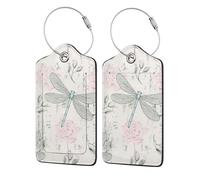 Dragonfly Shabby Chic Roses Worn Old Vintage Floral,Luggage Tags Pu Leather Name Tag Travel Suitcase Identifier ID Tags Durable Luggage Label 2 pcs