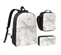 Dragonfly Shabby Chic Roses Worn Old Vintage Floral,Student Backpack,Lunch Bag,Pencil Case 3 Piece Set