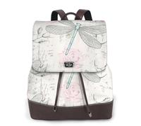 Dragonfly Shabby Chic Roses Worn Old Vintage Floral,Women Backpack Waterproof Daypack Lightweight PU Leather Fashion Travel Backpack