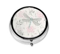 Dragonfly Shabby Chic Roses Worn Old Vintage FloralMeta Pill Box 3 Compartment Medicine Case,Portable Organizer
