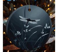 Dragonfly Silhouette Ceramic Christmas Ornaments - 2 Pcs Rustic Round Xma Tree Decor with Hanging String, Personalized Vintage Double-Sided Holiday Party Decorations for Xmas Gifts