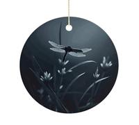 Dragonfly Silhouette Double-Sided Ceramic Christmas Ornaments - Round Hanging Mini Xmas Tree Decorations, Ideas for Farmers, Rustic Home Decor for Indoor Outdoor Tree Decor