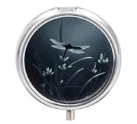 Dragonfly Silhouette Pill Box - 3 Compartment Travel Pill Organizer with Small Mirror, Portable Pillcase for Pocket & Purse, Cute Round Medicine Case, Weekly Medicine Container