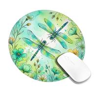 Dragonfly Small Mouse Pad, Floral Fanciful Flower Leaf Spring Green Round Rubber Washable Stitched Edge Cloth Mousepad Decor for Home Office Work Gaming Desk Round 8x8 Inch