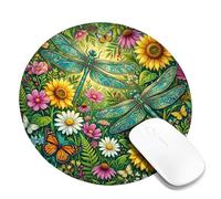 Dragonfly Small Mouse Pad, Nature Colorful Sunflower Butterfly Spring Green Round Rubber Smooth Aesthetic Desk Mousepads Desk Accessories for Gaming Computer Laptop Round 8x8 Inch